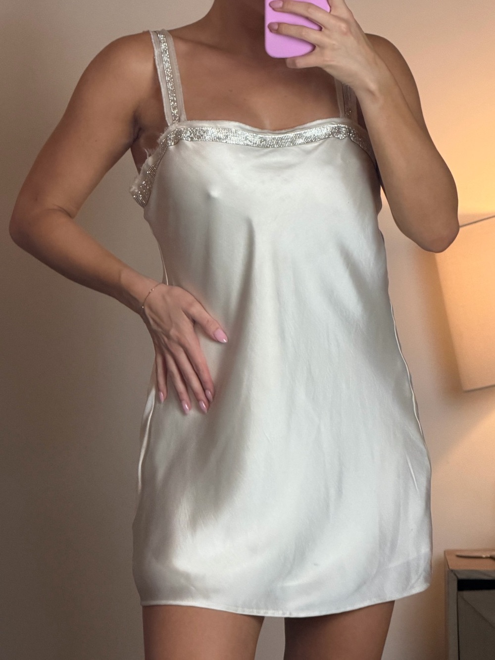 Zara White Satin Mini Dress with Rhinestone Straps